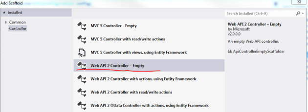 Add empty web api 2 controller